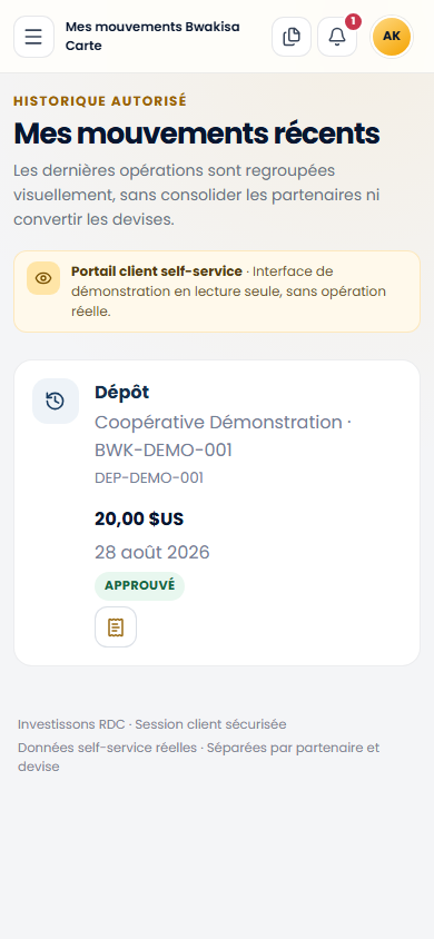 Mouvements client sur téléphone sur le portail Web