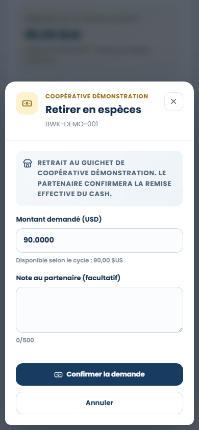Retrait cash sur téléphone sur le portail Web