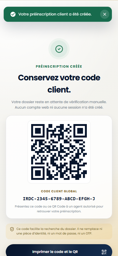 Code client sur téléphone sur le portail Web