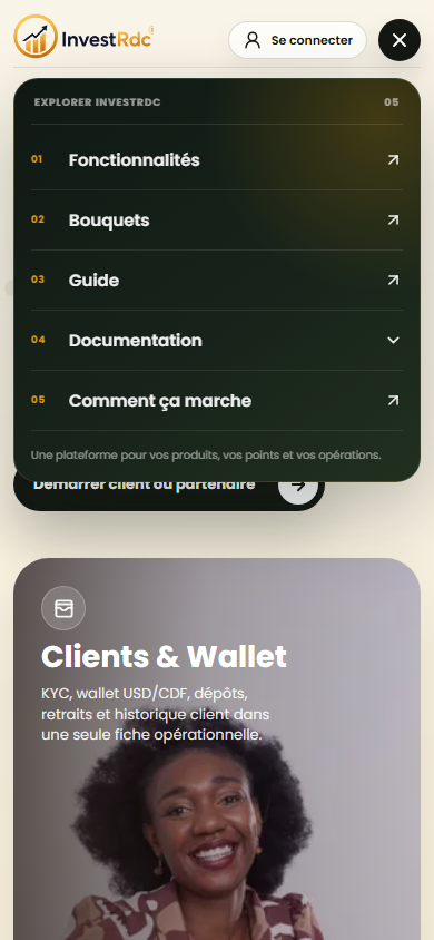 Menu public ouvert sur téléphone sur le portail Web
