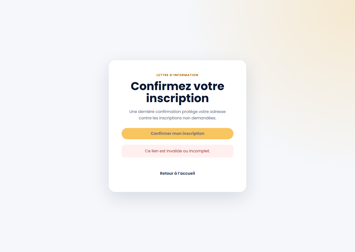 Confirmation de la newsletter sur le portail Web