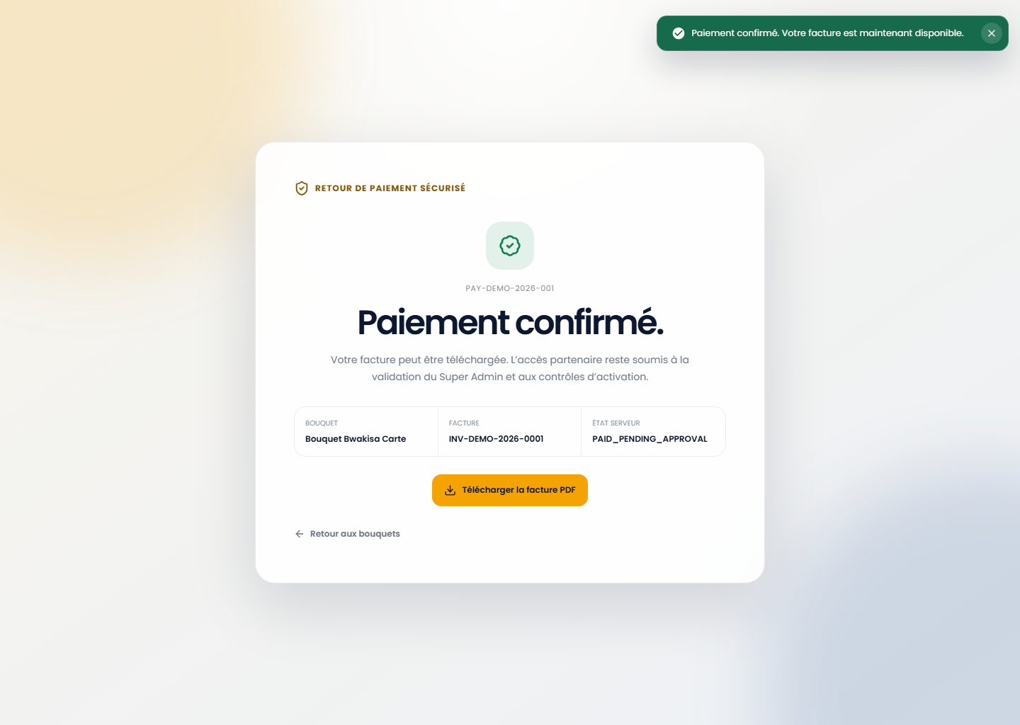Paiement confirmé par le serveur sur le portail Web