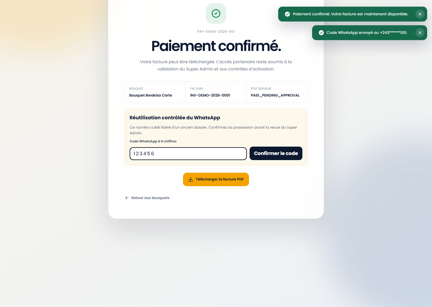 Confirmation du WhatsApp réutilisé sur le portail Web