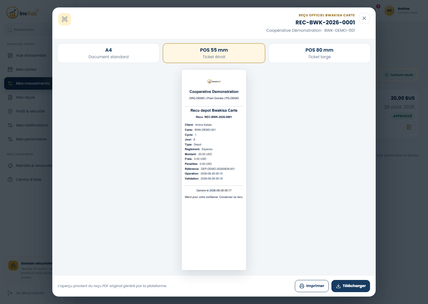 Aperçu du ticket POS 55 mm sur le portail Web