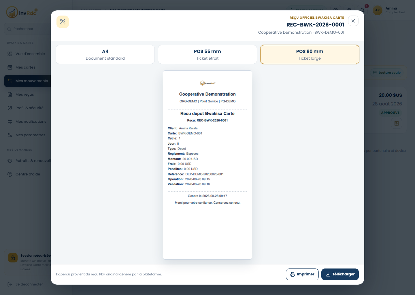 Aperçu du ticket POS 80 mm sur le portail Web